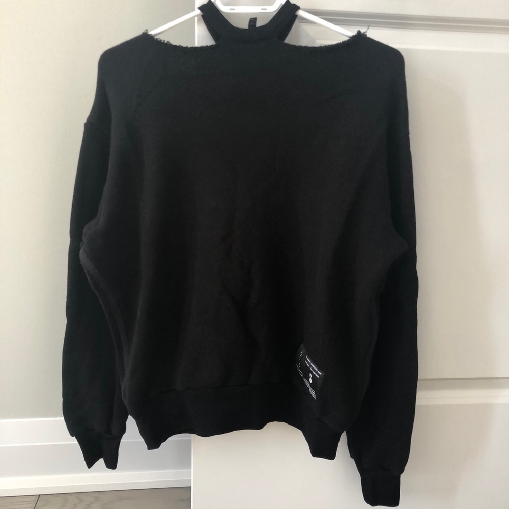Unravel Black Cashmere Blend Distressed Neck Sweater | Off-Shoulder - Picture 2 of 5